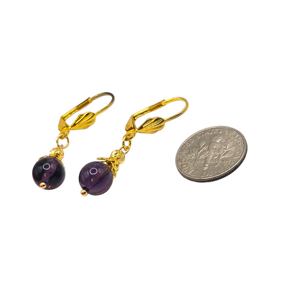 Amethyst Bead Pierced Earrings Dangle Drop Gold Tone Leverback 8mm SKU 2805 - Picture 4 of 8